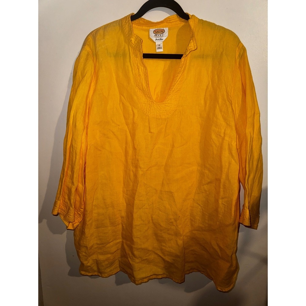 Talbots Woman Yellow Irish Linen Tunic Top Split Neck 3/4 Sleeve Plus Size 2X